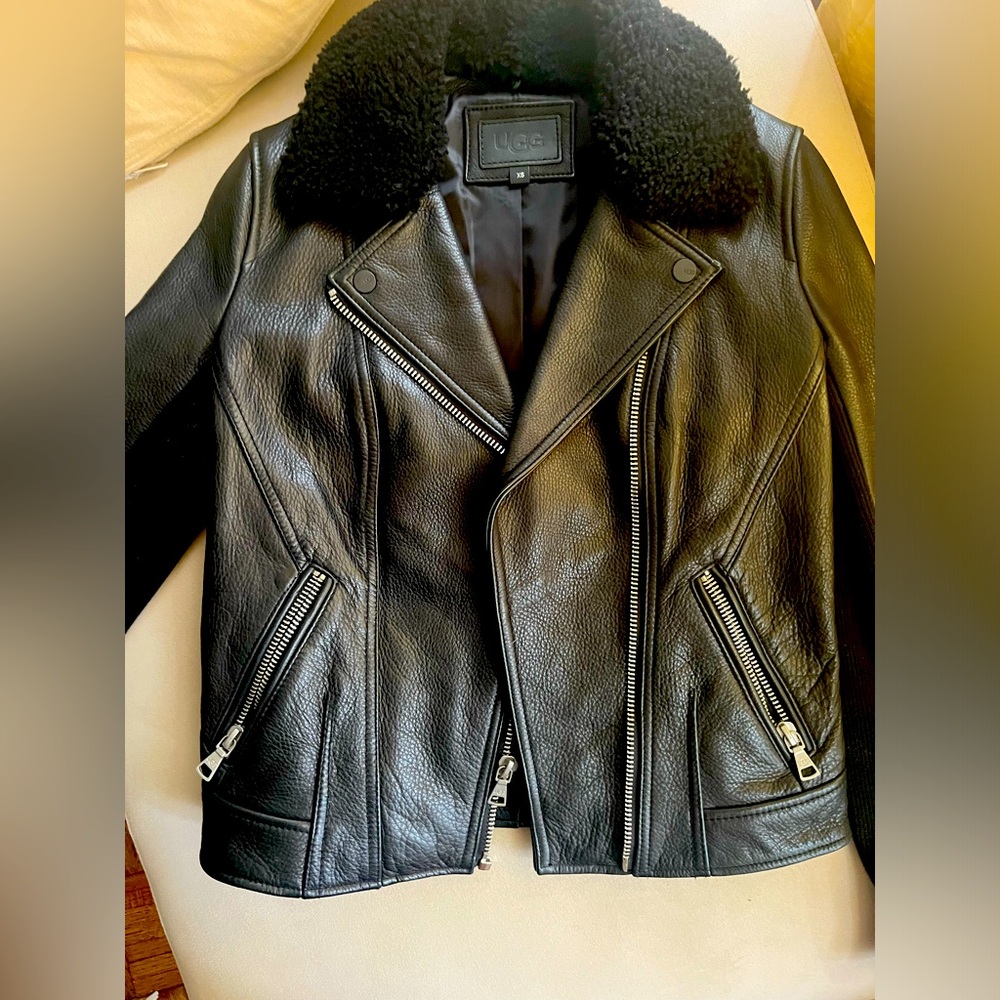 UGG leather moto jacket with removable shearling collar.